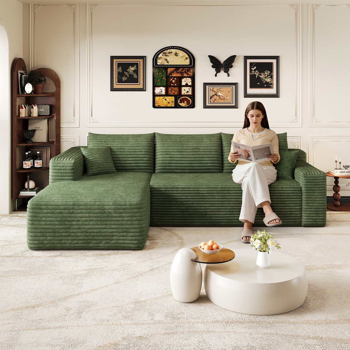 L Vorm Hoekbank 3 Zits - Modulaire Cloud Bank Met Ribstof Bekleding - Diepe Zitbank Met Chaise Longue Stijl - Moderne Lounge Sofa Groen