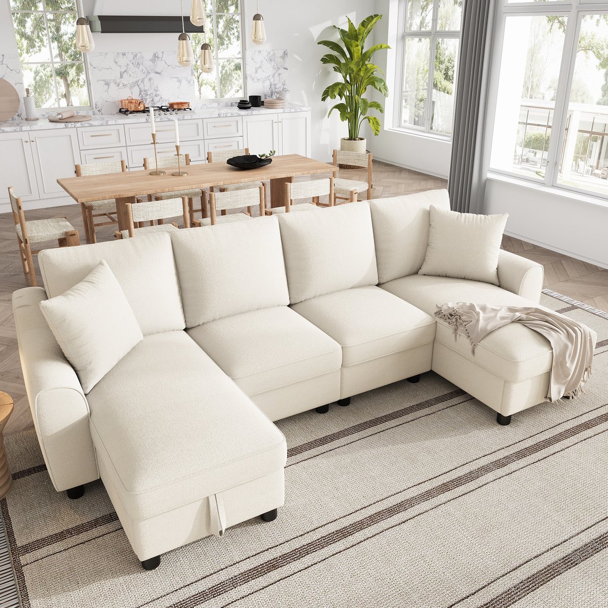 U Bank Hoekbank - Moderne Chenille Bank Met 2 Loungegedeeltes, Opbergfunctie En Kussens - Grote Modulaire Bank Voor Familie Woonkamer - Beige
