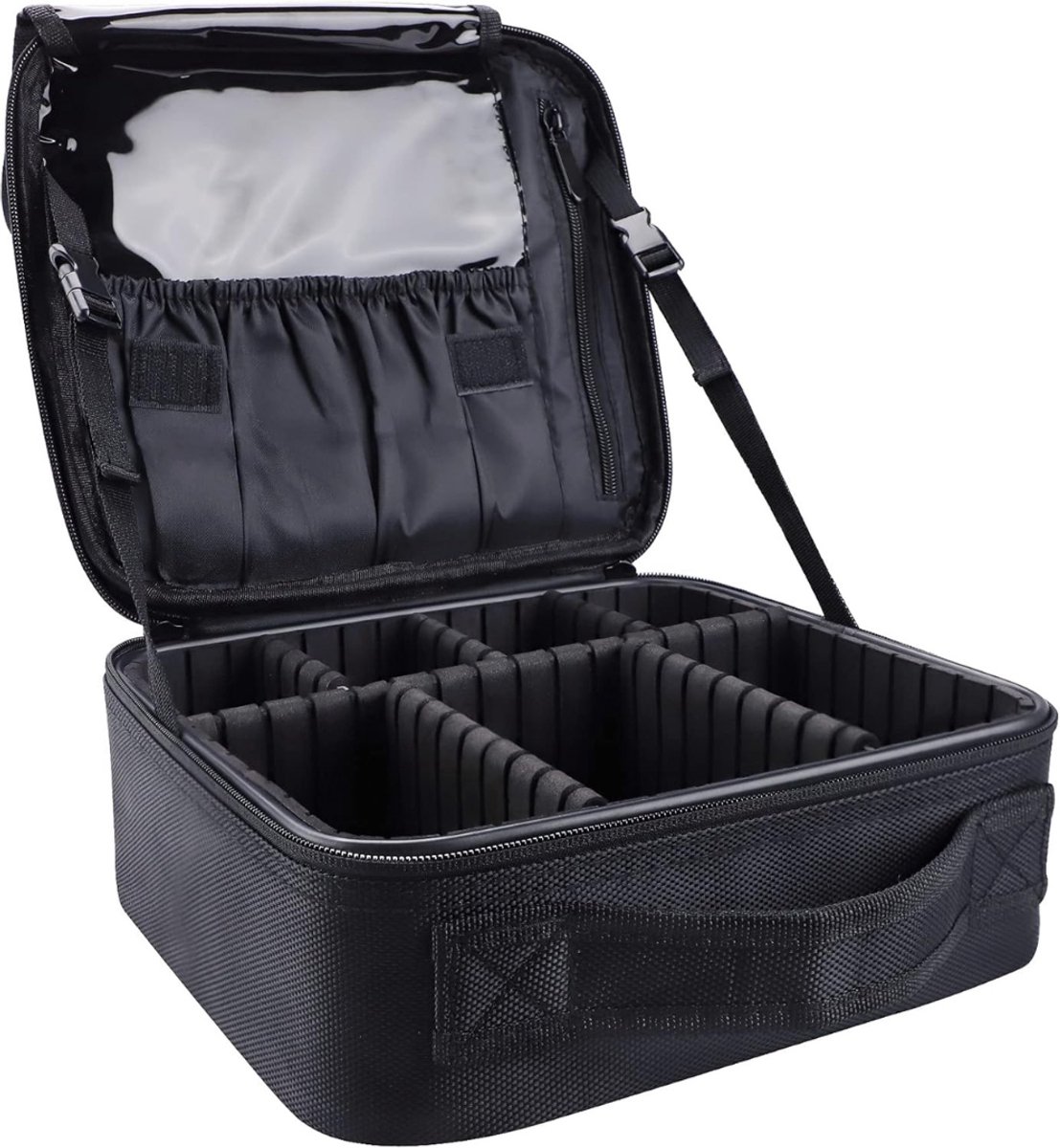 QUOVO® Visagie Koffer - Cosmetica Koffer - Kapperskoffer - Make-up Koffer met Verstelbare Vakken – Pedicure en Nagelstyliste Beauty Koffer – Kapperstas – Waterdicht – Makkelijk Mee Te Nemen – Zwart - 35cm x 22cm x 12cm