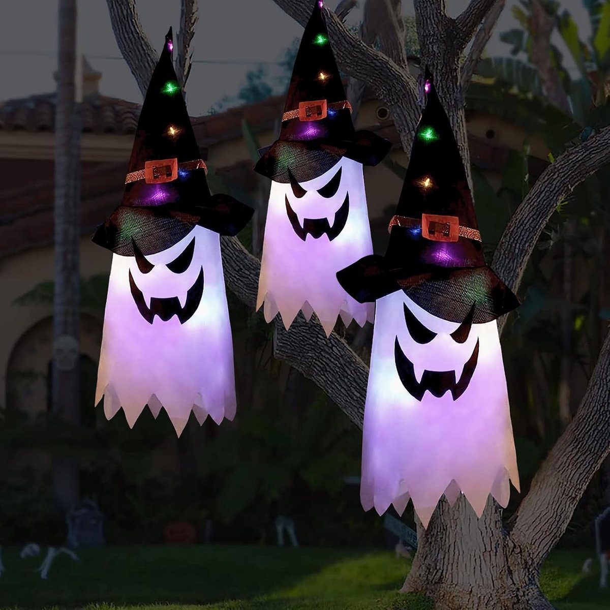 3 Stuks Halloween Hangende Lichtgevende Spook & Heksenhoed Decoratie - met Slingerlicht - voor Binnen, Buiten, Tuin & Boom - 1 Set