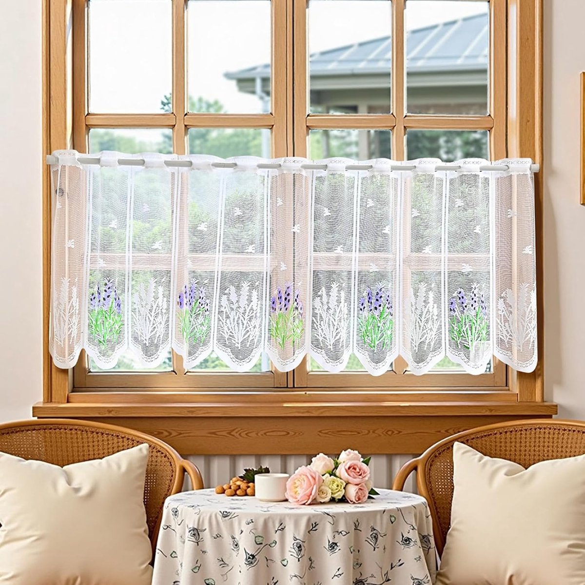 Keukengordijnen, klein formaat, gedrapeerde kanten cafégordijnen, lavendelpatroon, korte gordijnen, geschikt voor keukens, badkamers, kasten