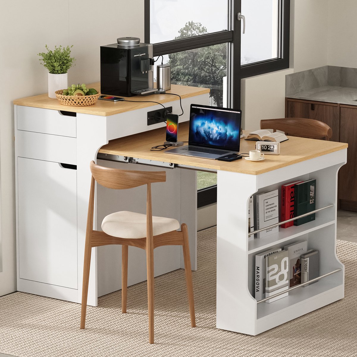 MIVRAY Uitschuifbare Eettafel Voor Keuken Eetkamer En Woonruimte Met Wielen Lades En Stopcontact Modern Wit Hout 55 Tot 153 Cm