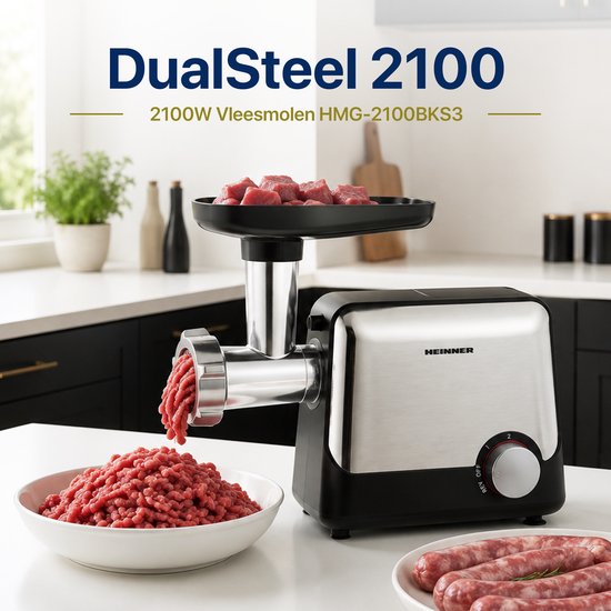 Heinner Elektrische Vleesmolen - 2100 W - Maalcapaciteit 1,8 kg/min - 3 Maalschijven - 2 Snelheden en Reversefunctie - Worst-, Kibbeh- en Tomatenaccessoires - RVS/Zwart van Heinner — afbeelding 3