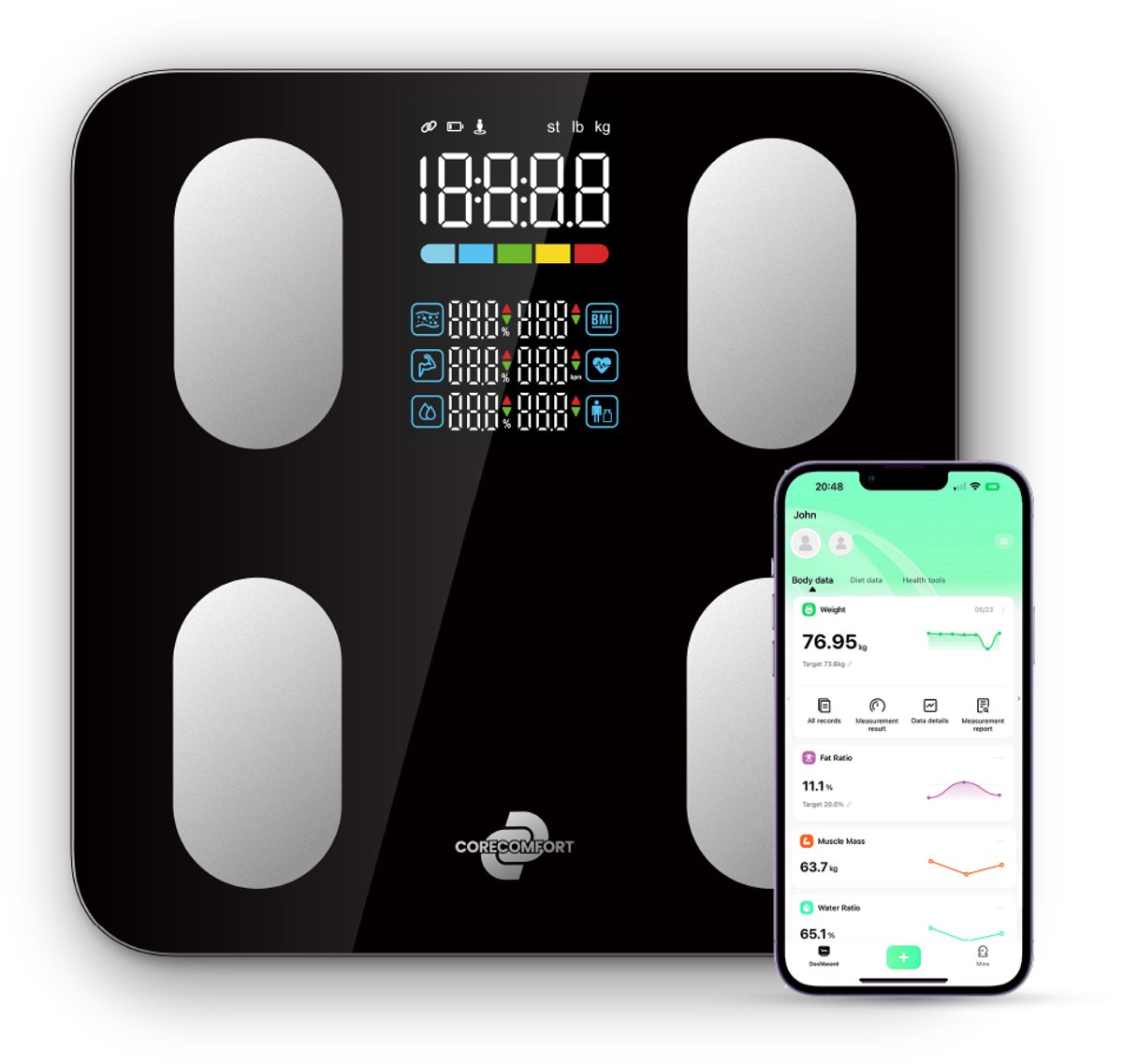 CoreComfort® - BodySync Ease - Slimme weegschaal met App - Personenweegschaal - Bluetooth - Smart Weegschaal met lichaamsanalyse - Weegschaal Vetpercentage en Spiermassa - Sport