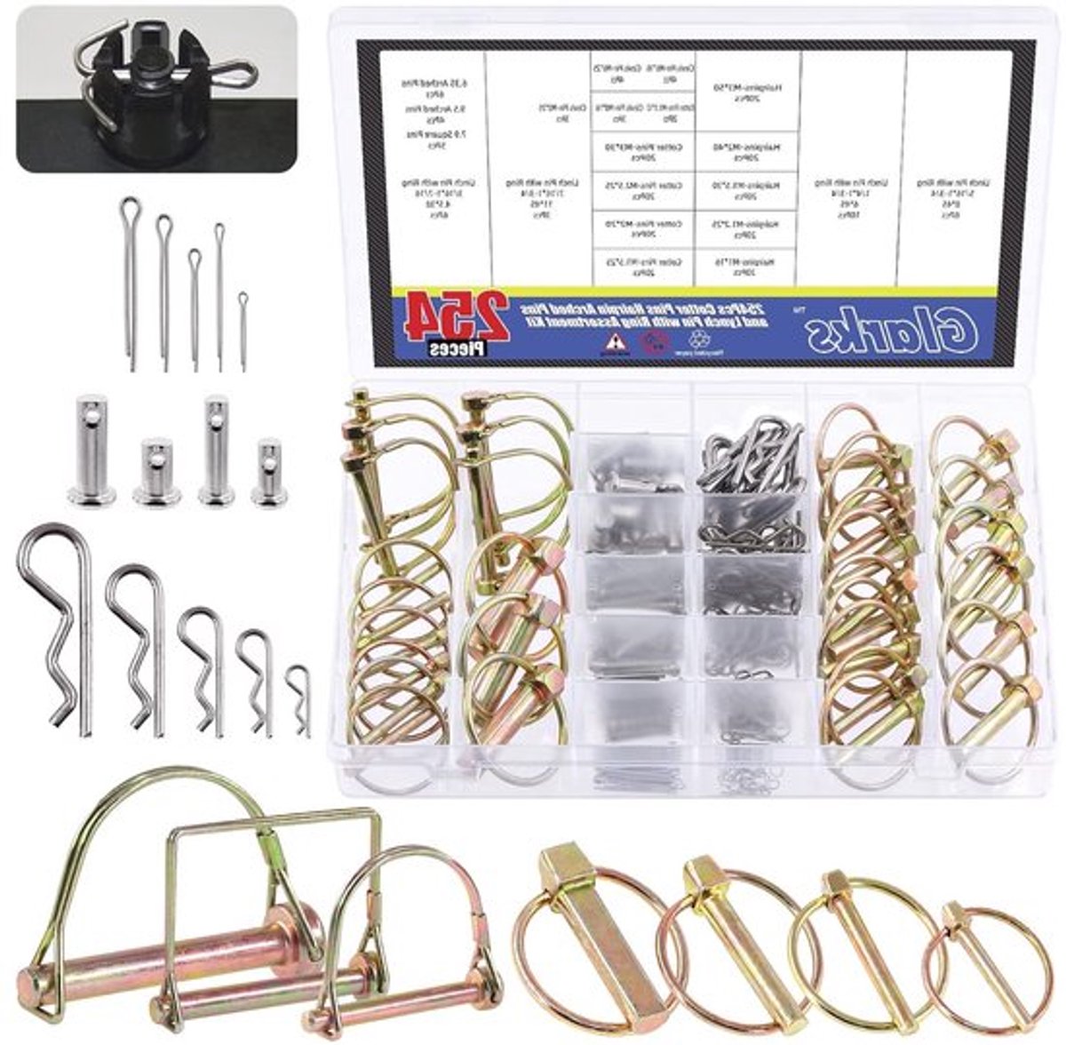 254-delige Set Met Diverse Lynch Pins, PTO Pins en Clevis Pins - Ideaal voor Mechanica, Auto's, Trailers en Tuinmachines