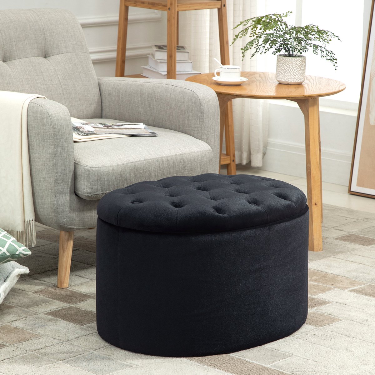 OKWISH Poef Met Opbergruimte Ovaal 71 X 52 X 42 Cm Gequilt Polyester Zwart Voor Woonkamer Slaapkamer En Hal