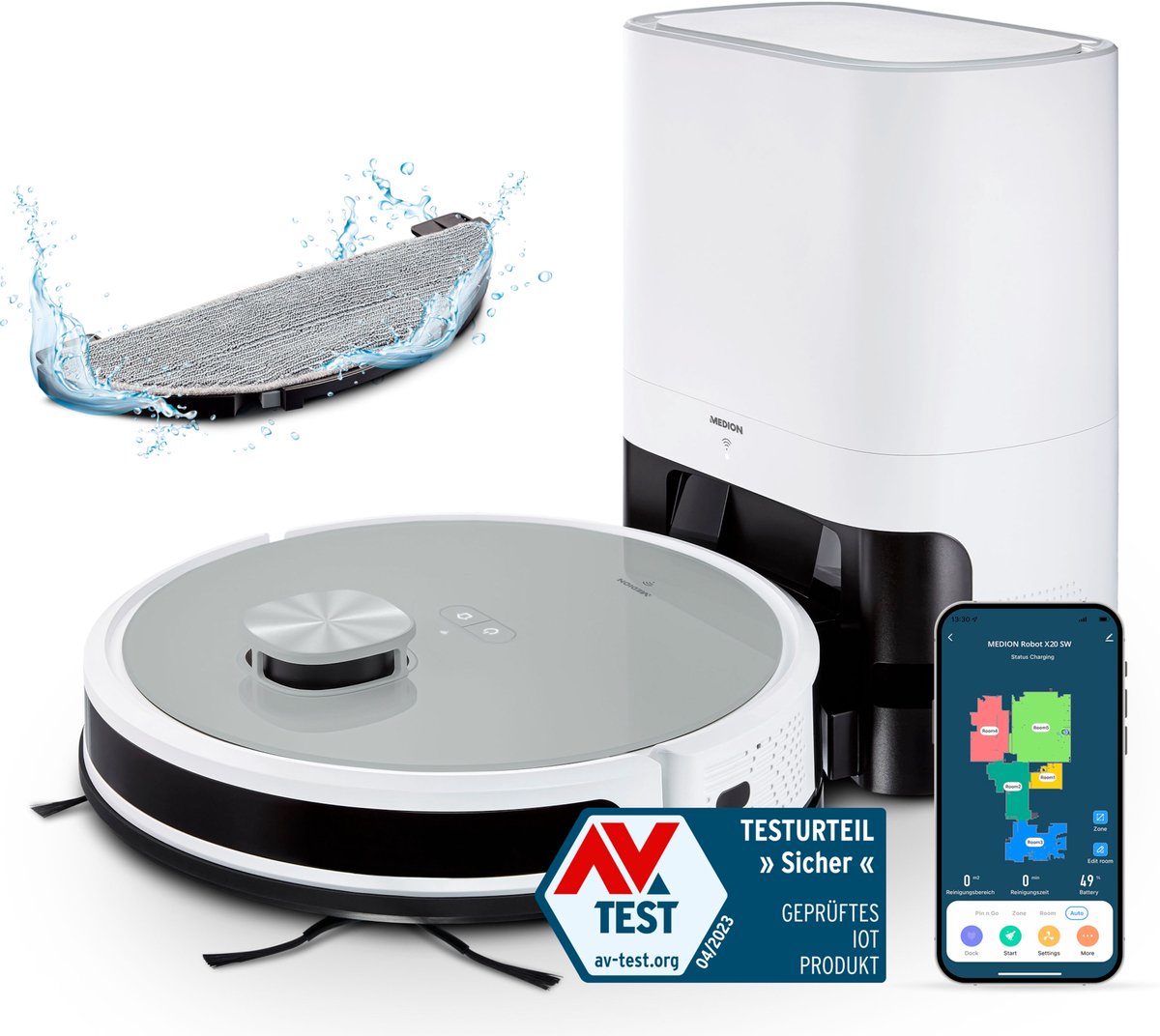 MEDION Saugroboter mit Absaugstation und Wischfunktion X21 SW (Lasernavigation, Starke 3000Pa Saugkraft, 2in1 Roboterstaubsauger, präzise Kartenerstellung, Go & No Go Bereiche, mehrere Etagen)