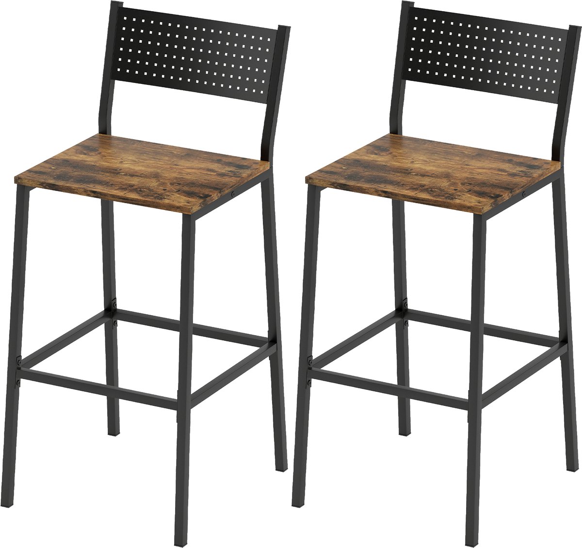 ECTEATOY® Set van 2 Barkrukken - Met Rugleuning en Voetensteun - Industrieel - Zithoogte 72,5 cm - Metaal en MDF - Bruin