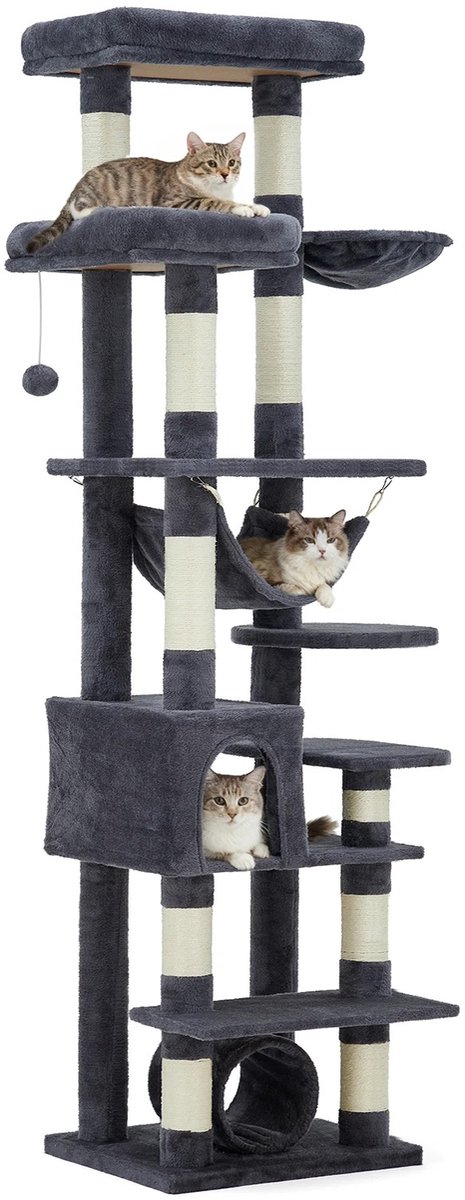 Velori Kattenboom 188 cm - Krabpaal Kat - Kattenmeubel - Katten Condo - Multilevel Kattenhuis - Hangmat - Krabpalen - Speelgoed - Donkergrijs - Grote Katten