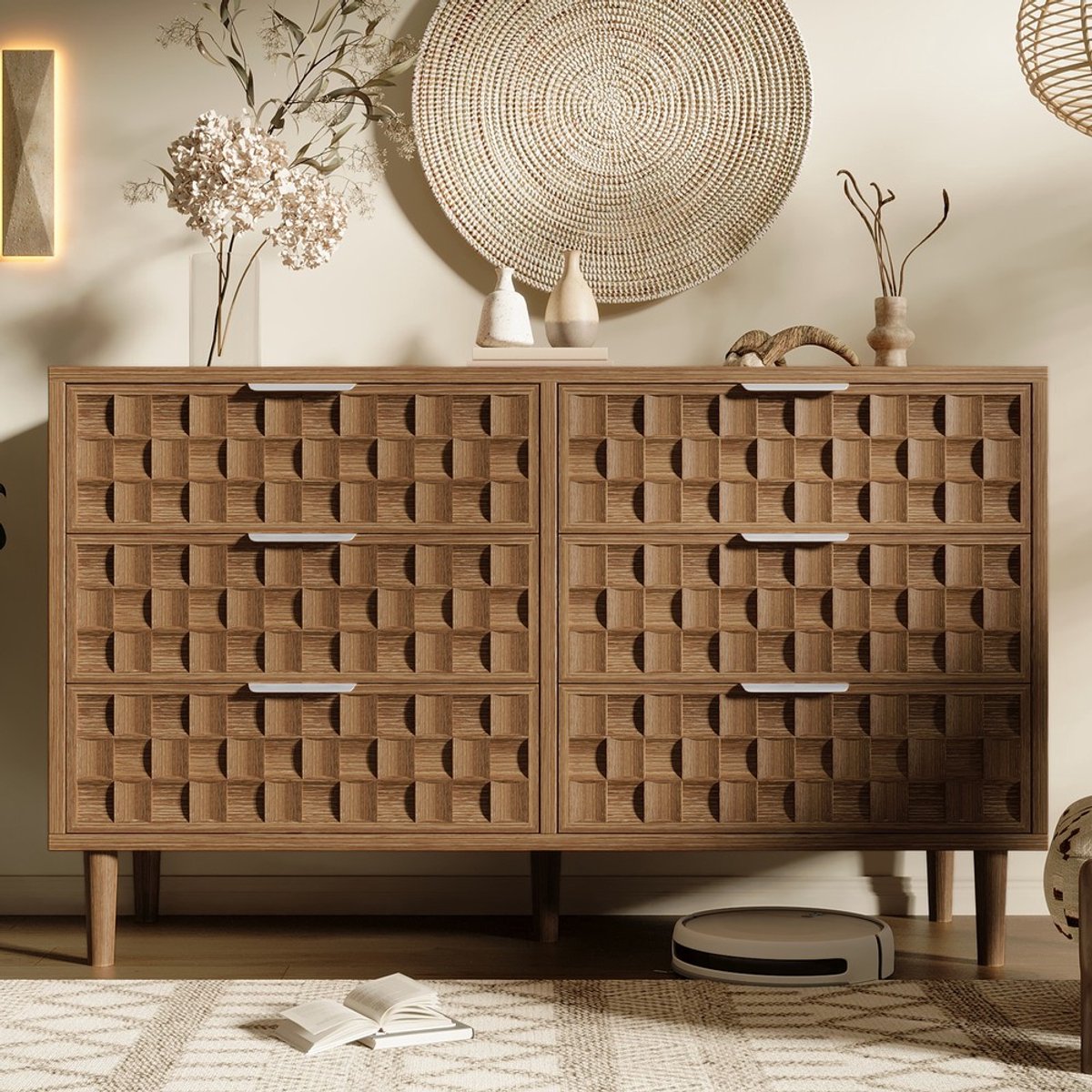 Pugsdrly Dressoir 120x37x77 cm in chocoladewafel-design, ladekast in eikenlook met 6 lades, dressoir met metalen handgrepen, multifunctionele kast in mid-century-stijl voor woonkamer, slaapkamer, hal