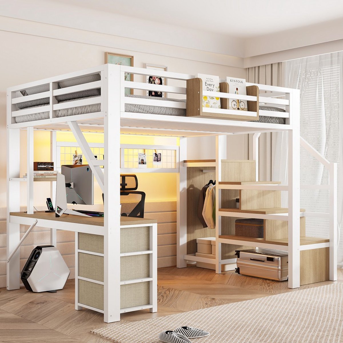 Pugsdrly 140x200 cm metalen hoogslaper met bureau, 3 lades, opbergvakken en kledingkast; LED-verlichting; wit