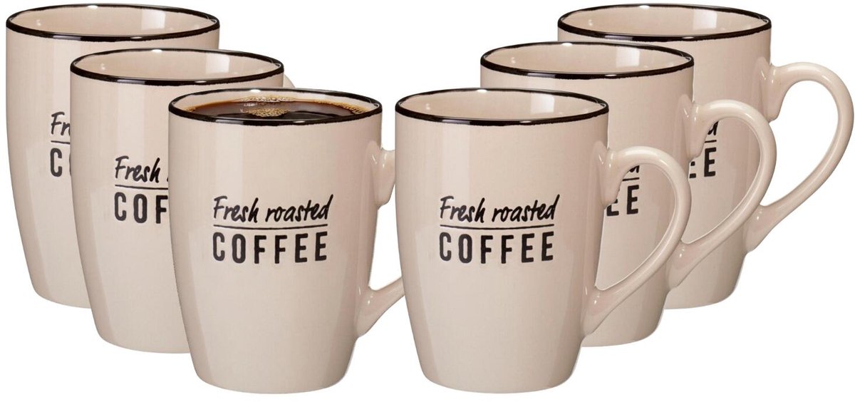 Siaki koffie kopjes Barista Cafe - 6x stuks - beige - 340 ml - mokken - keramiek - 10 cm - met koffie thema teksten