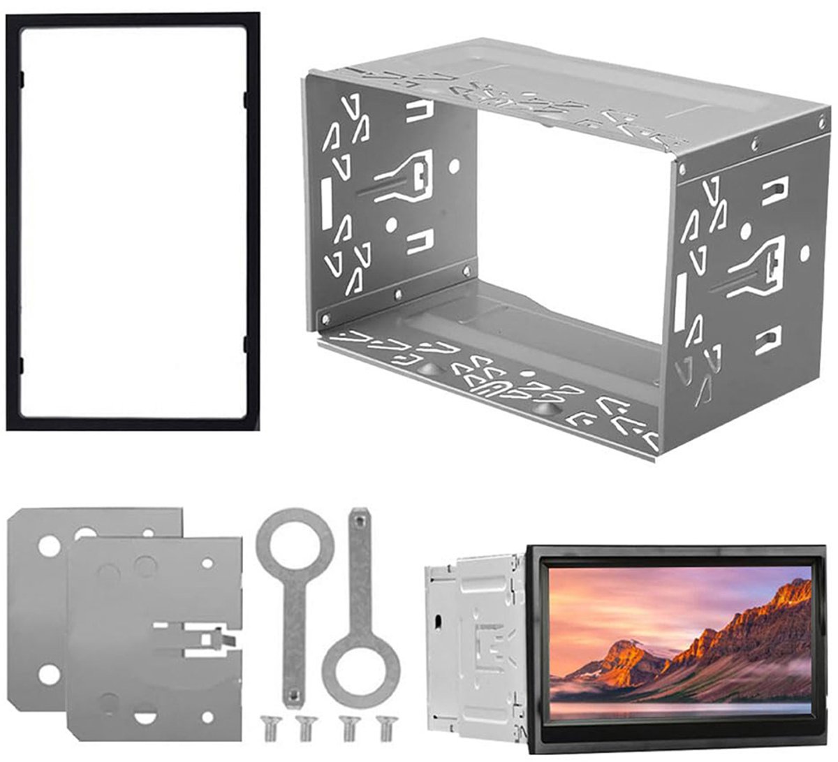 Universele montagebeugels voor autoradio's - Inclusief metalen frame, bevestigingsmateriaal en kunststof frontplaat - montagerail voor autoradio