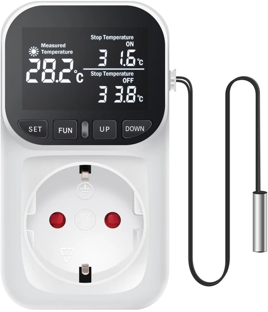 Digitale LED-temperatuurregelaar - Met thermostaat, temperatuursensor en temperatuurschakelaar - 230V-stopcontact - Verlicht thermostaatstopcontact - Wit