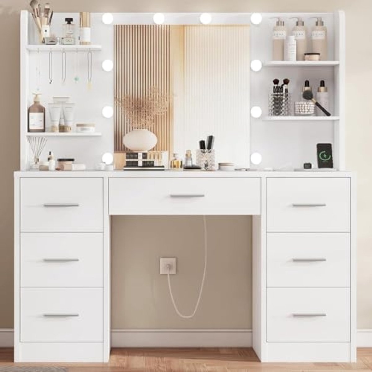 Grote make-up tafel met verlichting, 7 lades, 4 planken, oplaadstation en HD-spiegel - Wit