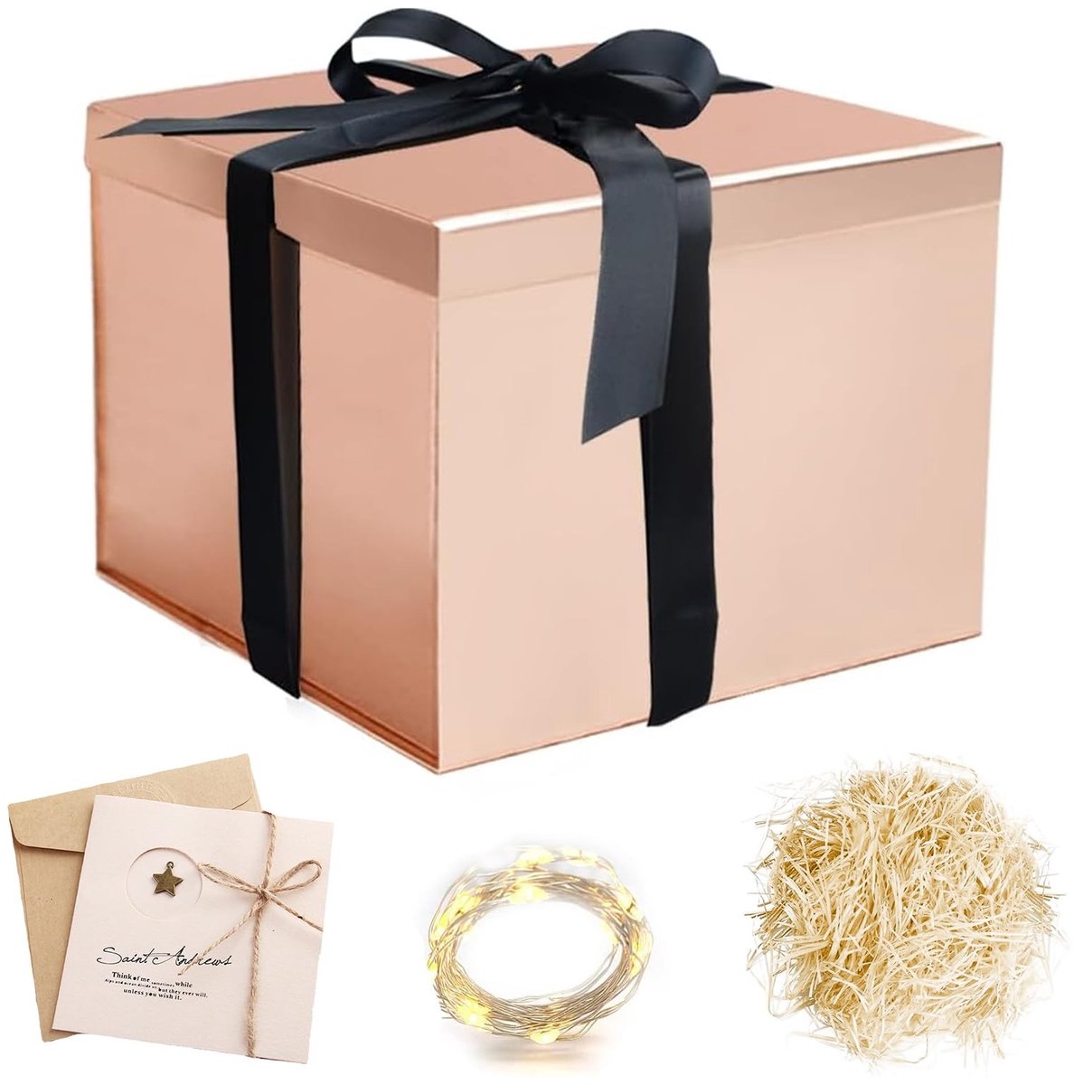 Cadeaubox met Deksel en Strik, Inclusief Wenskaarten en LED Fairy Lights voor Verjaardagen, Kerst en Jubilea, Vouwbaar, 23 x 23 x 18 cm