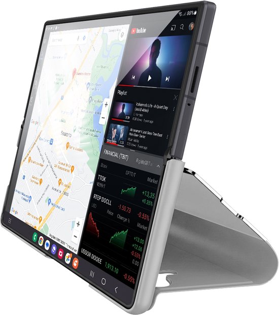 Étui de téléphone argenté ouvert, affichant Google Maps et YouTube sur un écran plié.