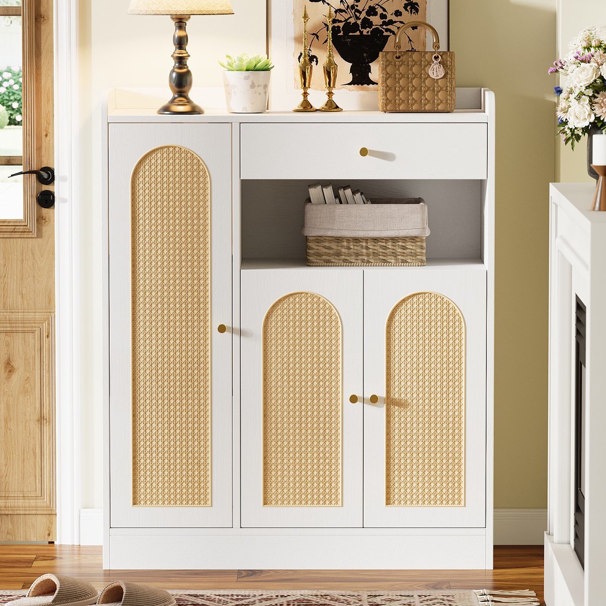 VVBV Schoenenkast 90x35x110 cm - Opbergruimte, Met Lades, Ruimtebesparend, Stabiel Metalen Frame - Wit/Naturel, Spaanplaat