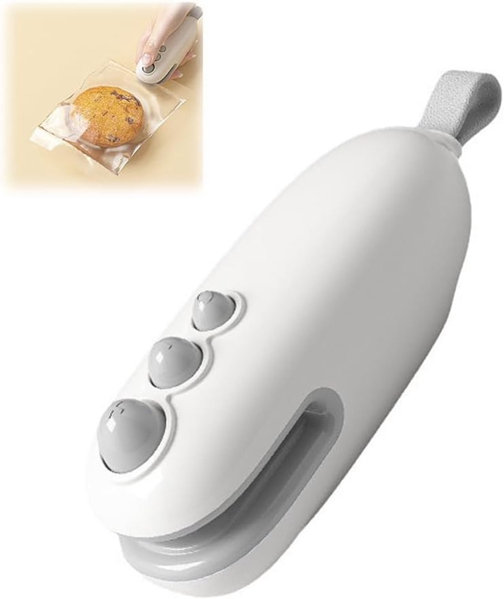 2-in-1 oplaadbare mini hitte sealer met ingebouwd snijmes, draagbare handheld snelhechtmachine voor plastic voedselzakken en spaanderzakken, luchtdichte vacuum zakdichter kleur Wit