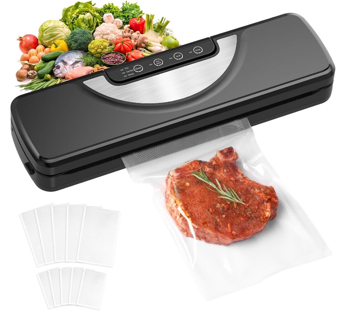 5-in-1 Vacuüm sealer machine met snijder en wasbare bak, sous vide folielasapparaat incl. 10 zakken en slang, zwart