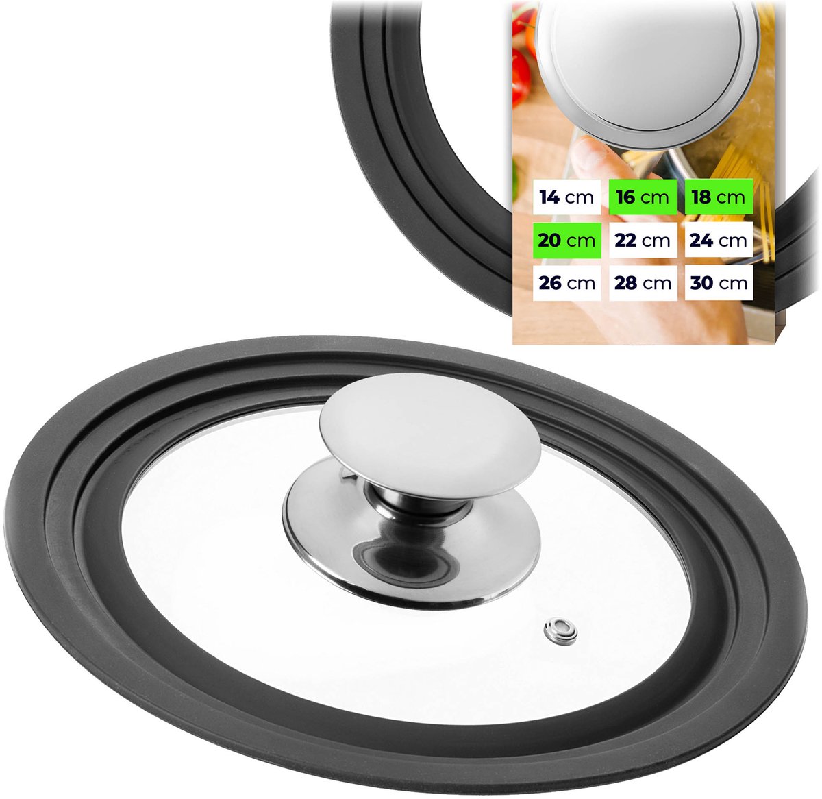 KADAX universele deksel 16/18/20 cm, universele deksel voor potten en pannen, pannendeksel, glazen deksel met siliconenrand en stoomopening, potdeksel (zilver)