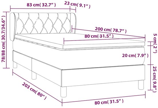 Dessin technique d'un lit boxspring rose avec dimensions.