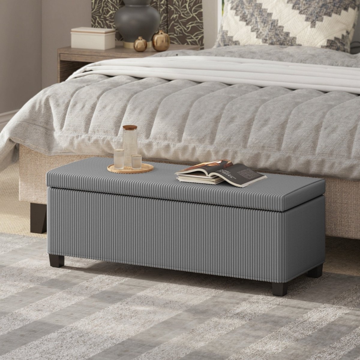 OKWISH Opbergbank Grijs 112 x 42 x 40 cm Met Stauraum Cord Polyester Stalen Frame Voor Woonkamer Slaapkamer En Hal