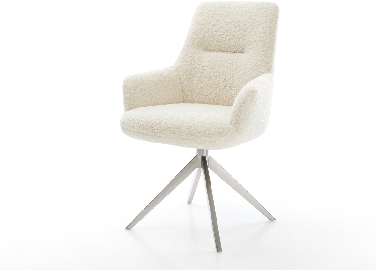 Eetkamerstoel Zelia-Flex met armleuning kruisframe breed roestvrij staal teddy beige 360° draaibaar rocker-functie pocketveer kern