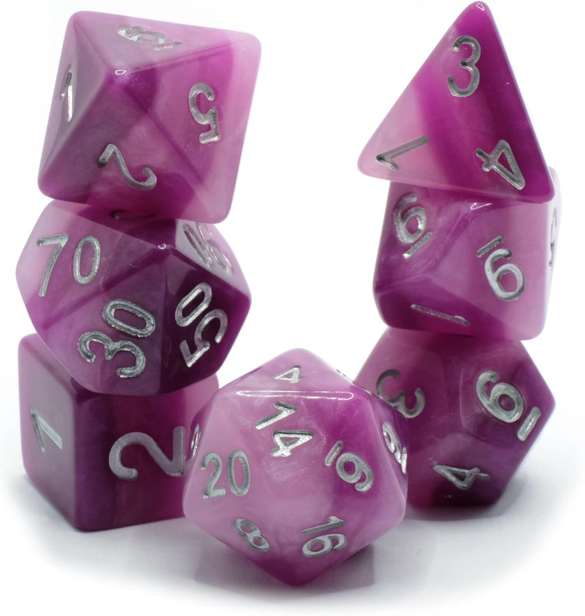 Purple Pearls - Polyset Dice - Polydice - Purple Pearl Marble and Silver - Dice Set Of 7 Pieces - ShopVlot