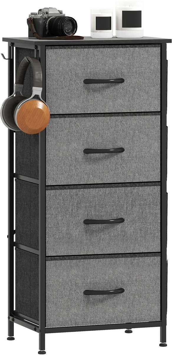 ECTEATOY® Ladekast met 4 Stoffen Laden - Opbergkast met 4 Zijvakken en 2 Haken - Stalen Frame - 45 x 30 x 94,5 cm - Grijs