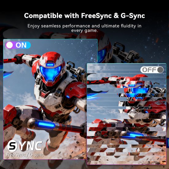 Een speler in een rood en wit cyberpak met een blauw masker, met 'SYNC' en 'ON' aan de linkerkant.