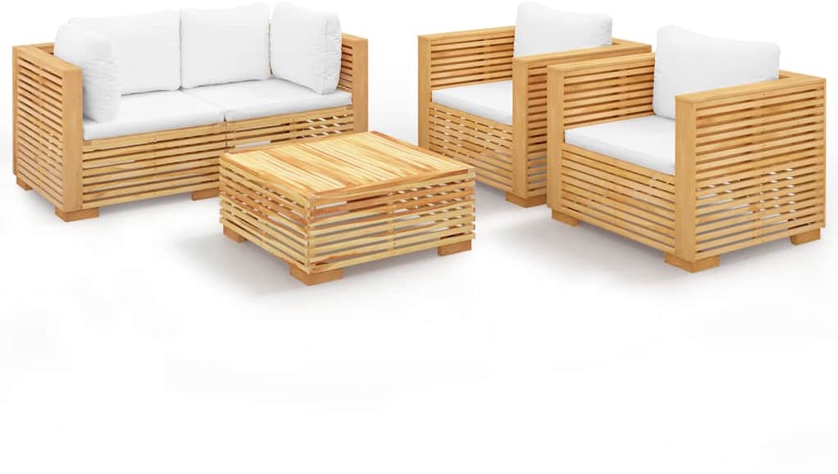 vidaXL 5-delige - Loungeset - met - kussens - massief - teakhout Crèmewit