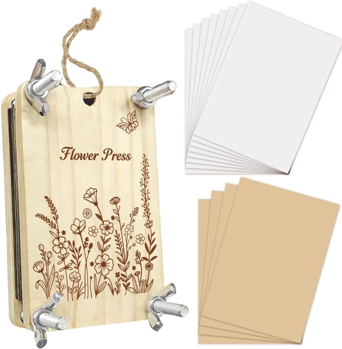 Geperste Bloemenset - Wilde Bloemen - 6 x 9 cm - Houten Bloempers met Vlinderpatroon - Voor Creatieve Knutselprojecten