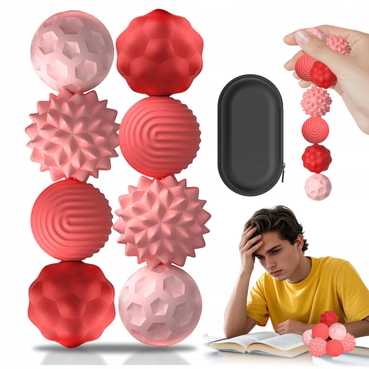 Magnetische Focusballen - Sensorisch Speelgoed - Fidget Toys - 8 Stuks - Siliconen - 4 Texturen - 25 mm - Concentratie & Ontspanning & Stressverlichting - Voor Volwassenen en Kinderen - Rode Serie