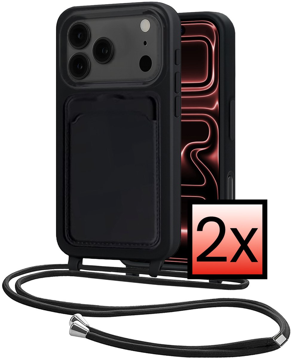 Hoes Geschikt voor iPhone 18 Pro Met Telefoonkoord - Siliconen Hoesje Backcover Met Ketting - Zwart - 2 PACK