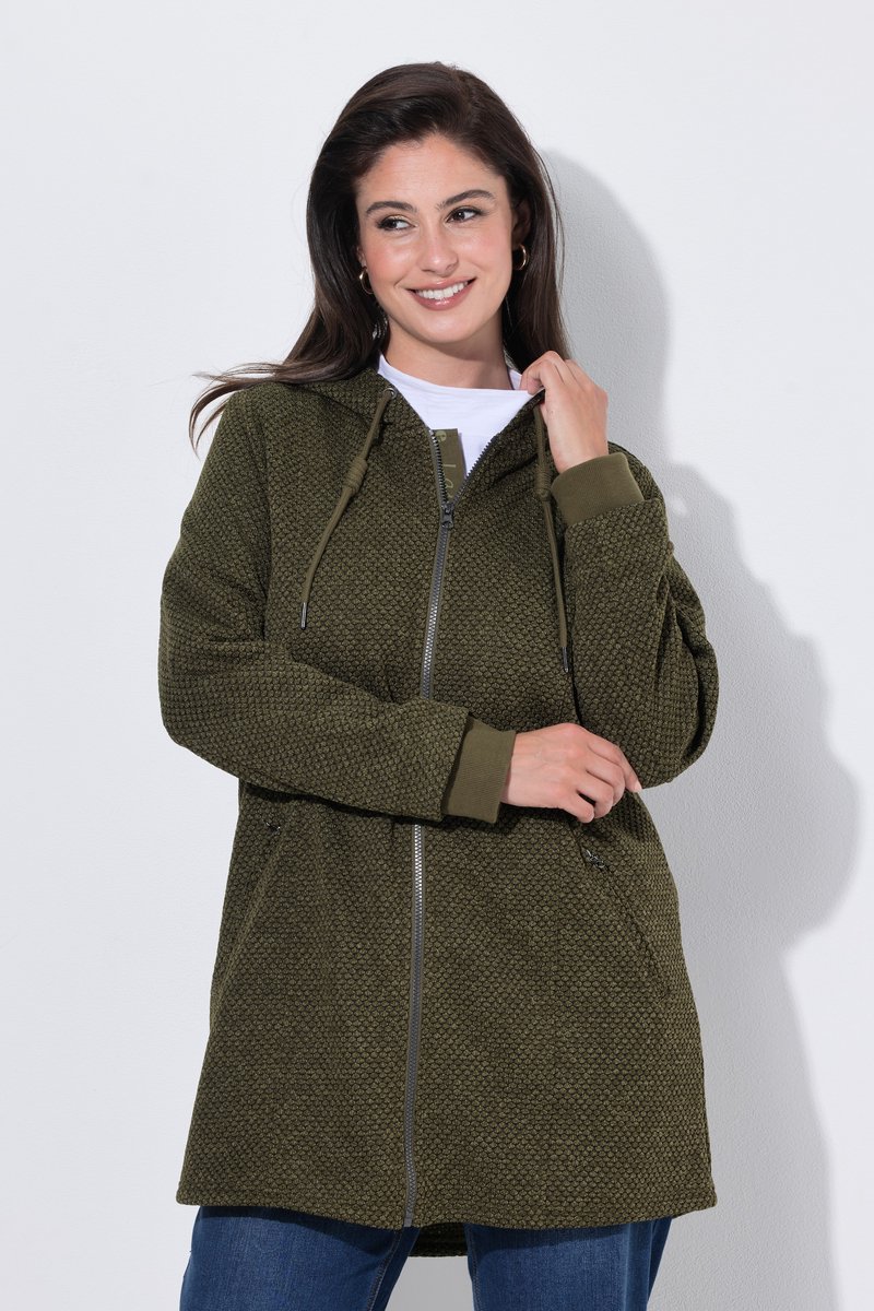 Ulla Popken - Dames - Gebreid fleece jas tekst capuchon lange mouwen - Donkerkaki - Maat 42+