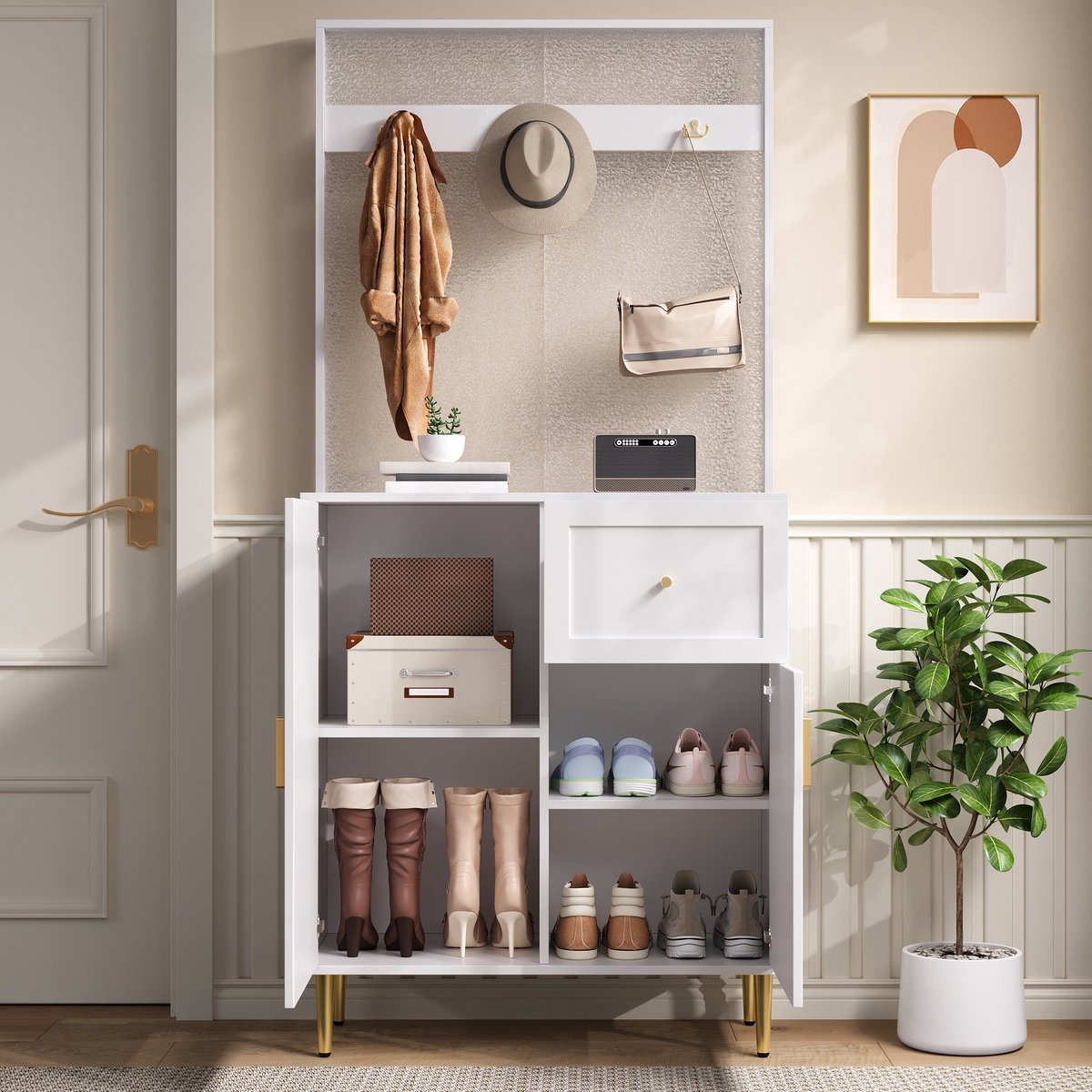 COVREO Halmeubel 80x35x175,5 cm - wit en goud, MDF, met haken en verstelbare planken