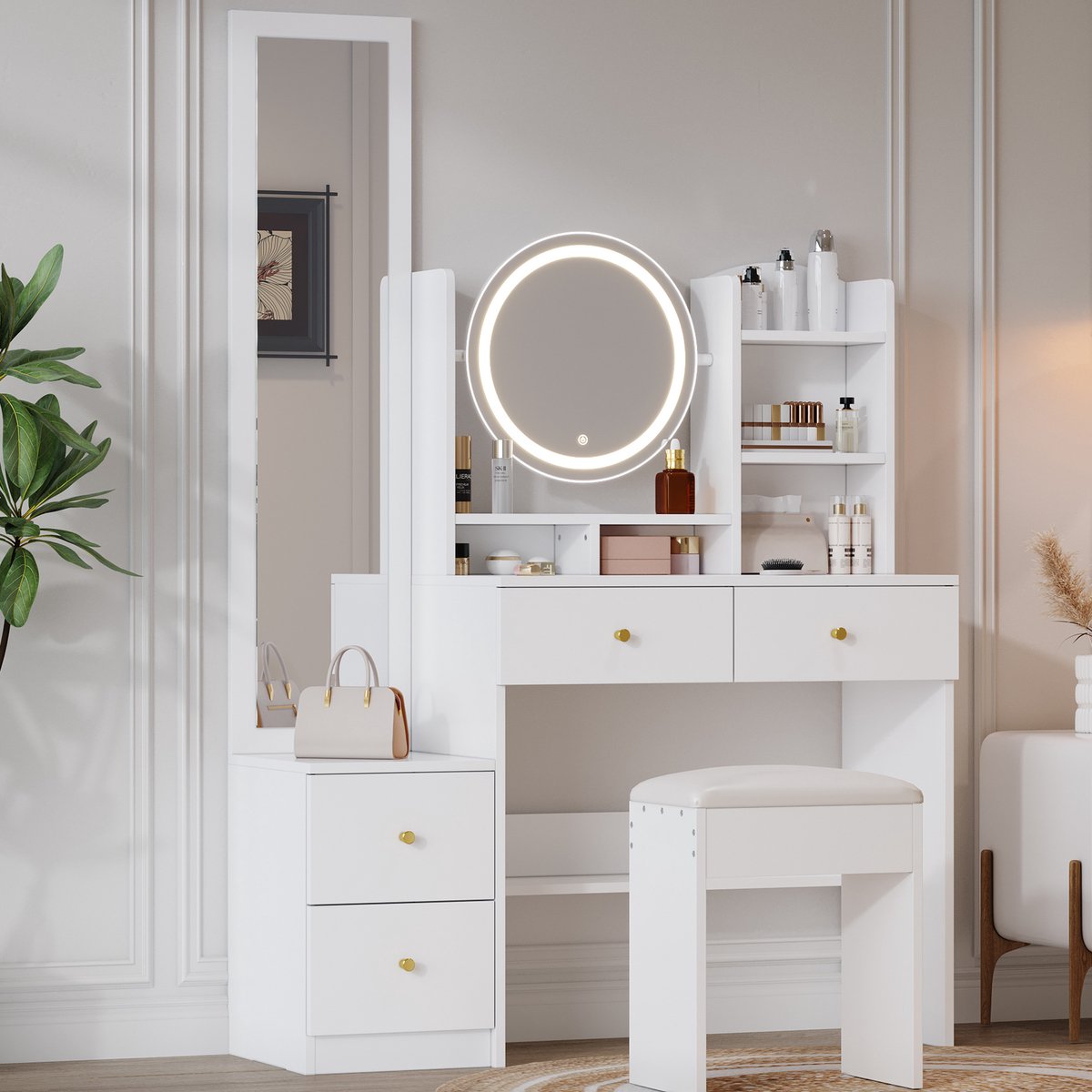 COVREO Kaptafel 109x36x164 cm wit met 4 lades, led-spiegel en draaibare make-upspiegel