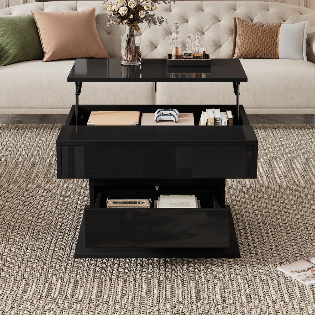 COVREO Salontafel 70x70x45 cm – zwart, hoogglans, draaibaar blad, 1 lade en verborgen opbergruimte
