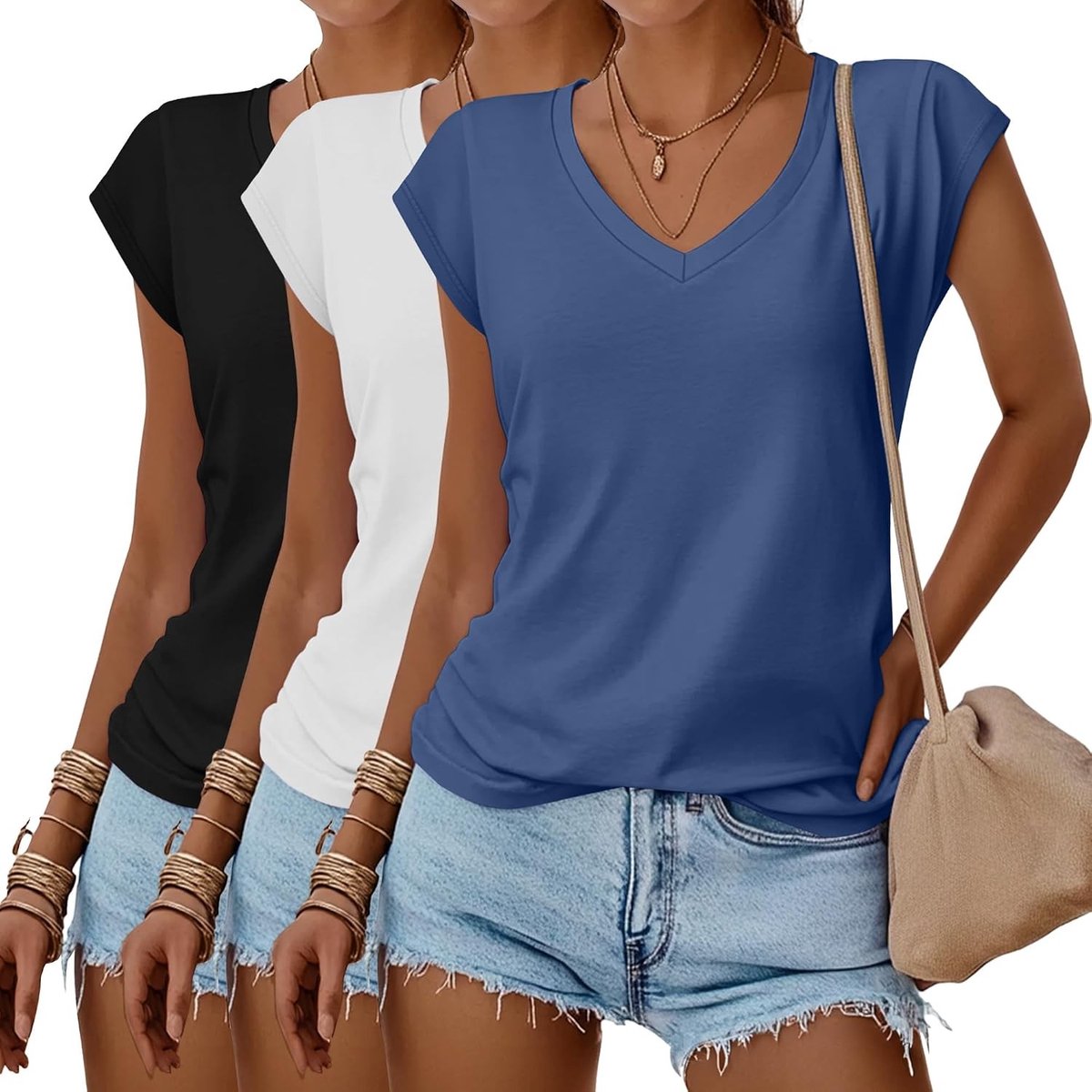 Set van 3 Dames V-Hals T-Shirts - Zomerse Casual Tops met Korte Mouwen - Basis T-Shirts voor Elke Gelegenheid