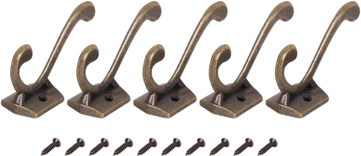 SnelShoppen - Antieke Messing Wandhaken Set van 5 - Duurzame Gietijzeren Vintage Jassenhaken voor Handdoeken, Garderobe, Badkamer, Keuken, Entree