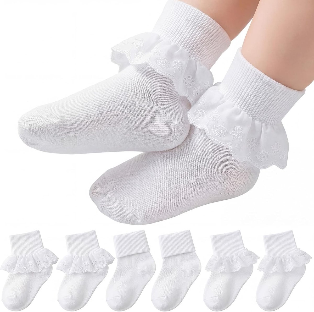 6 Paar Kanten Sokken Met Ruches, Witte Katoenen Sokken Voor Kleine Meisjes en Peuters Met Schattige Strikjes, Comfortabele Kindersokken voor Elke Gelegenheid