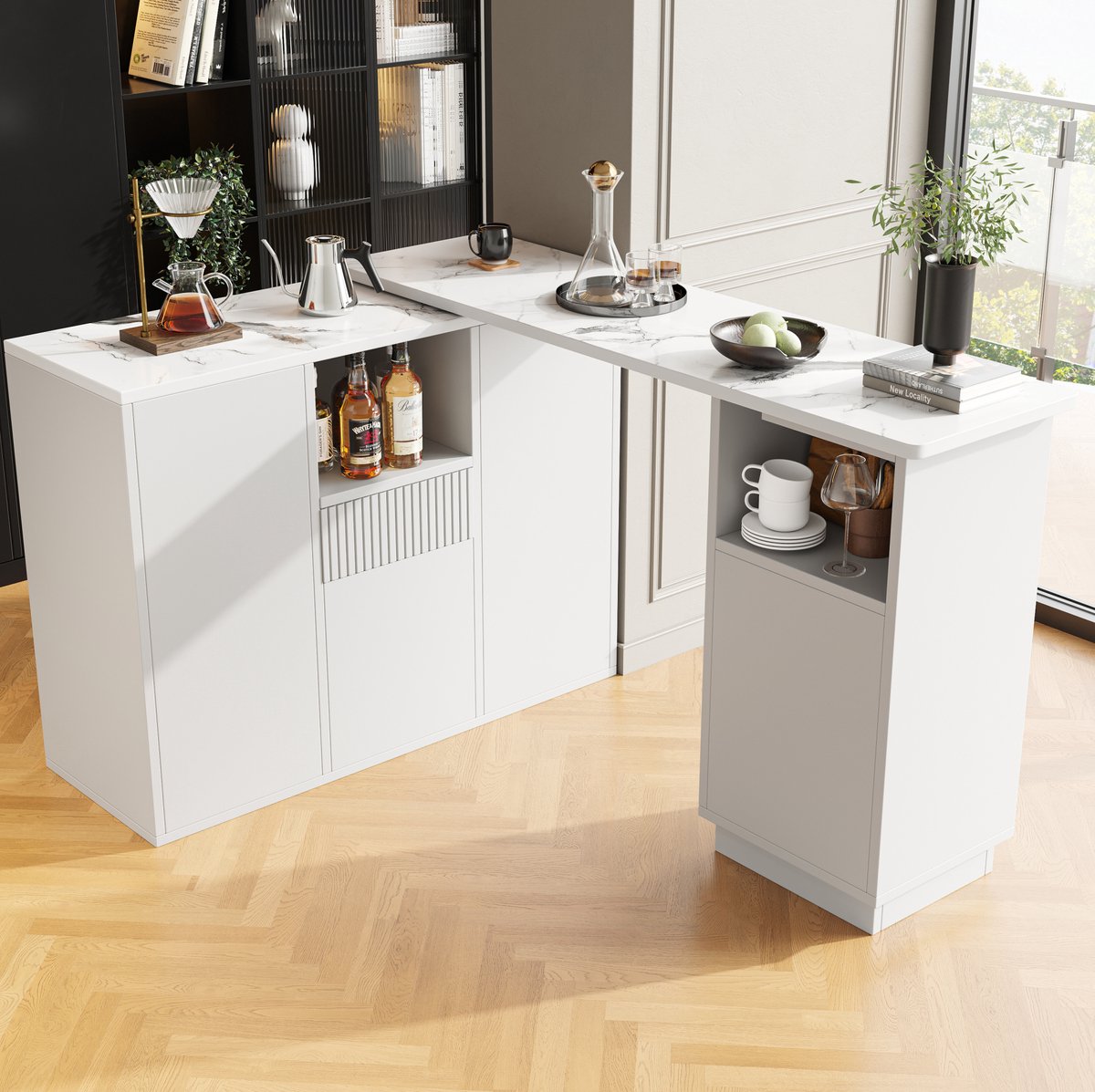 COVREO Bartafel 210x30x100,9 cm – wit MDF, 360° draaibaar, met open en gesloten opbergruimte