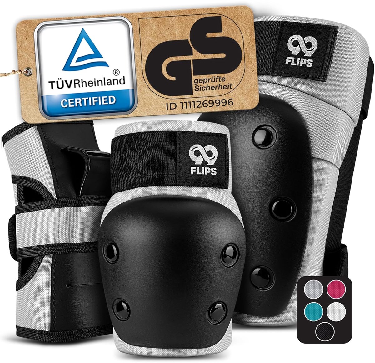 SnelShoppen - Inline Skate Pads Set van 6 voor Volwassenen en Kinderen - Kniebeschermers Maat L - Grijs - Optimale Bescherming voor Inline Skaten en S