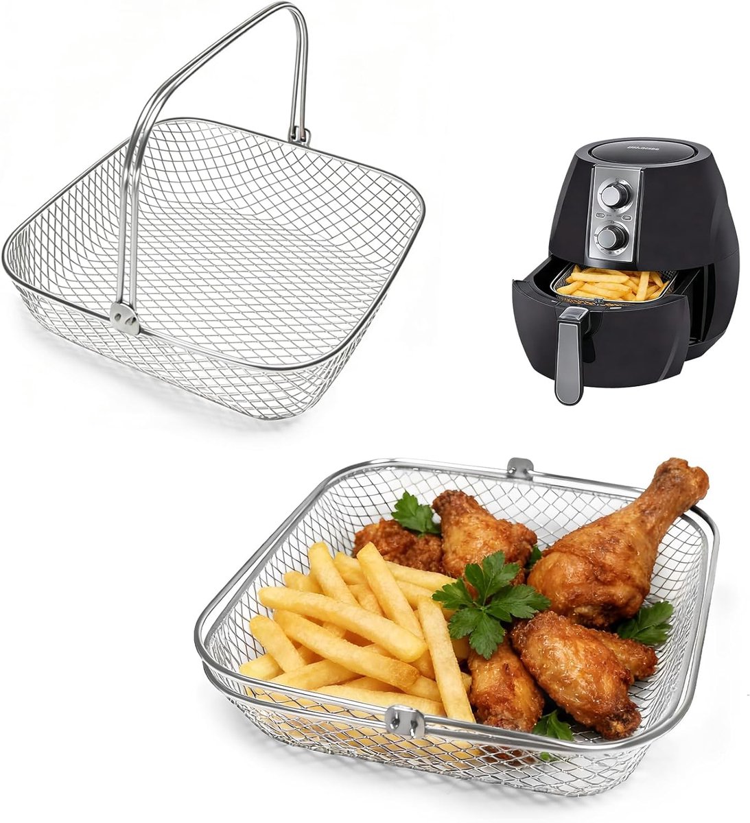 SnelShoppen - Air Fryer Basket Vierkant - Rvs Frituurmand met Handvat - Multifunctionele Perforated Bakmand voor Frietjes, Kip, Groenten - Duurzaam en