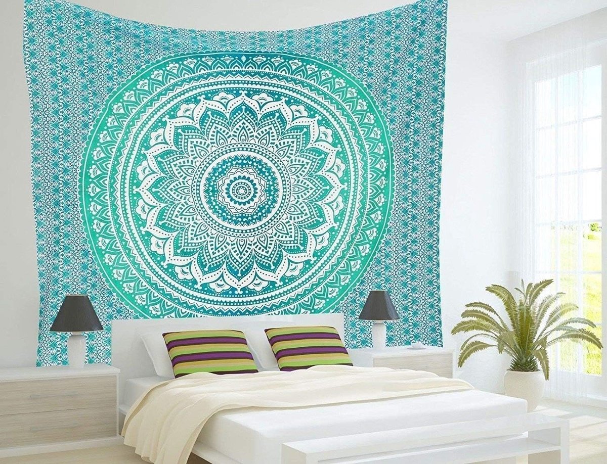 SnelShoppen - Boho Mandala Tapestry - 140x210 cm - Groen - 100% Katoen - Wanddecoratie, Beddeken, Tafelkleed, Studentenruimte, Strandlaken, Feest, Cam