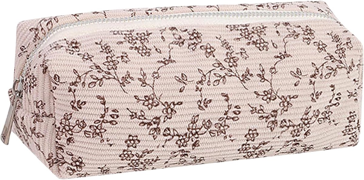 SnelShoppen - Pencil Case, Grote Capaciteit Etui met Bloemenpatroon, Draagbare Ribstof Etui voor School, Thuis, Kantoor, Licht Beige, Geschikt voor Ki
