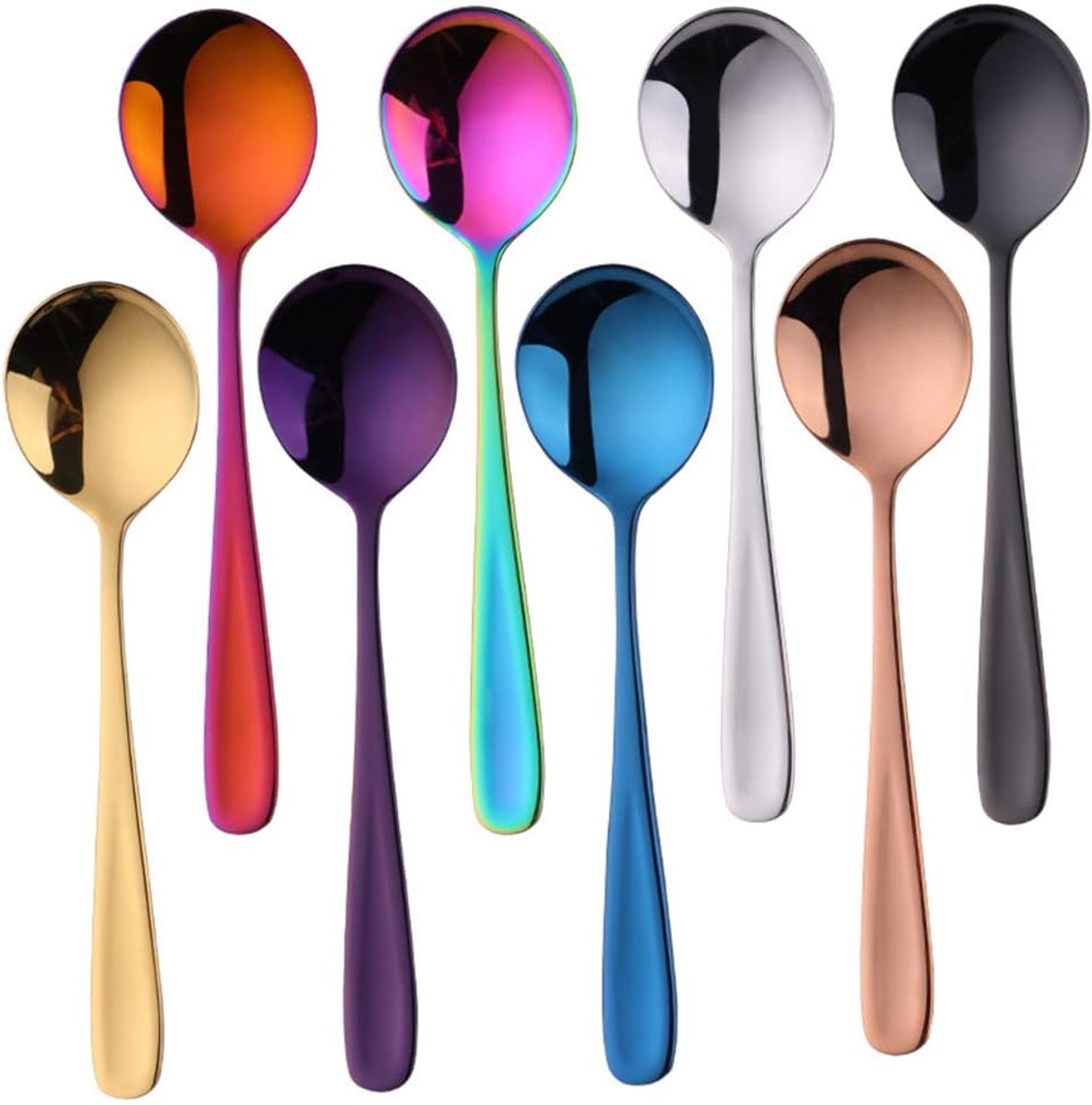 SnelShoppen - 8 Kleurige RVS Soeplepels - 17,5 cm Tafellepels voor Soep, Cereal, Porridge, Fruit en Yogurt - Handwas & Vaatwasserbestendig - Keukenacc