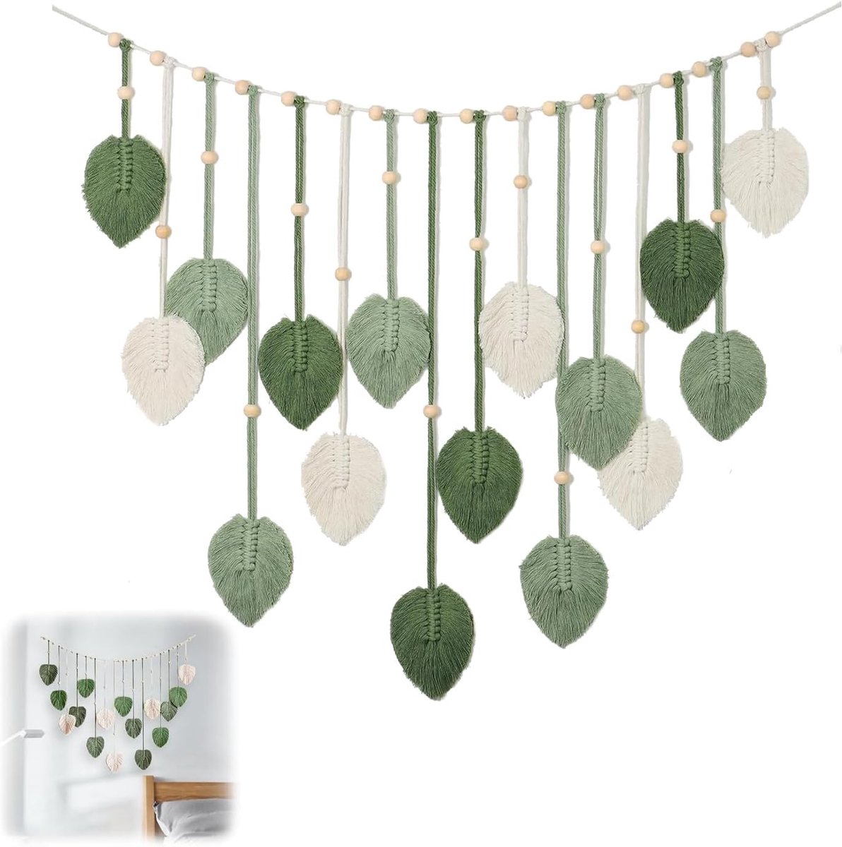 SnelShoppen - Makramee Wanddecoratie 75 x 120 cm Boho Tapestry - Woven Leaves Wandtapijt met Houten Kralen en Bladeren - Ideaal voor Woonkamer en Slaa