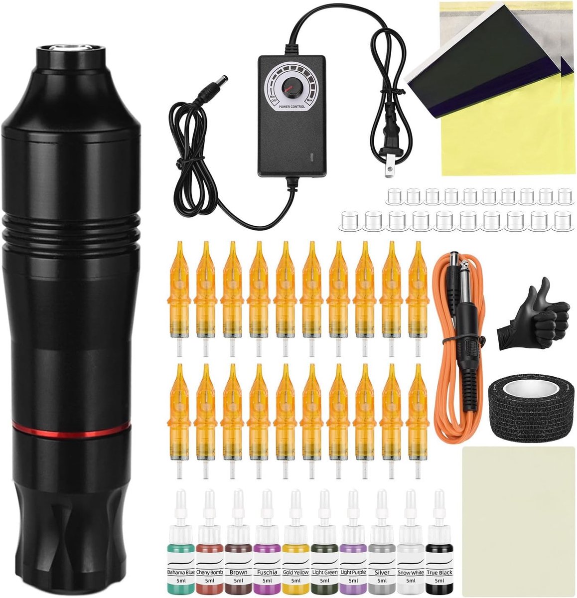 SnelShoppen - Complete Rotary Tattoo Machine Gun Kit met 20 Stuks Cartridges Naalden, Tattoo Inkt Set, Regulator, Power Supply en Tattoo Pen Kits